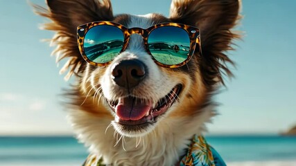 A playful dog in stylish sunglasses and a Hawaiian shirt poses on the beach, embodying the joyful spirit of summer vacations and adventures that create lasting memories with family and friends