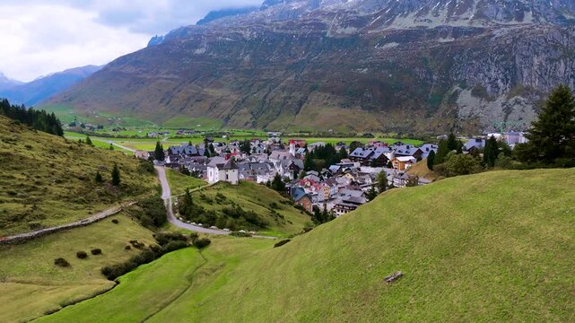 Aerial drone view of Chapelle Mariahilf, Andermatt, Canton Uri, Switzerland