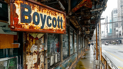 A rusted boycott sign hangs above an abandoned, decayed storefront in an urban setting. The image captures themes of protest, economic decline, and urban transformation.