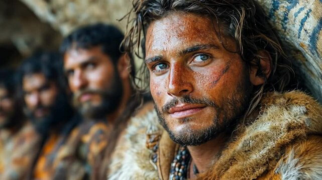 ancient man in cave, neanderthal, cro-magnon, homo sapiens, prehistoric times, stone age, guy, caveman, hunter, warrior, mountains, life of primitive people