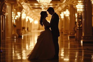 Naklejka premium Romantic couple silhouette in opulent railway station interior at night