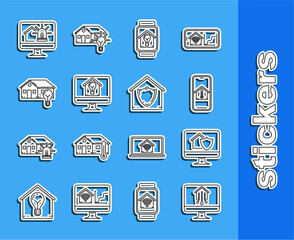Set line Computer monitor with smart home, house under protection, Mobile phone temperature, Smart watch and light bulb, alarm and House icon. Vector