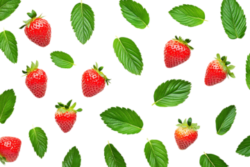 Floating Strawberries and Mint Leaves Pattern on White