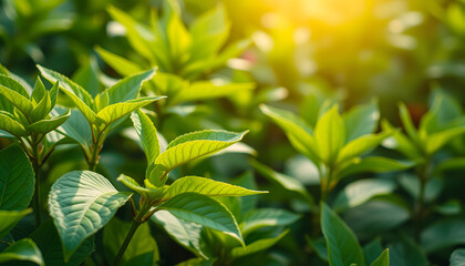 Obraz premium Nature of green leaf in garden at summer. Natural green leaves plants using as spring background cover page greenery environment ecology lime green wallpaper, detailed. White tone