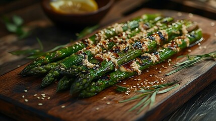 Grilled asparagus spears with sesame seeds and sauce on wooden board.