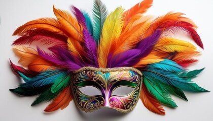 vibrant carnival mask with colorful feathers on white background