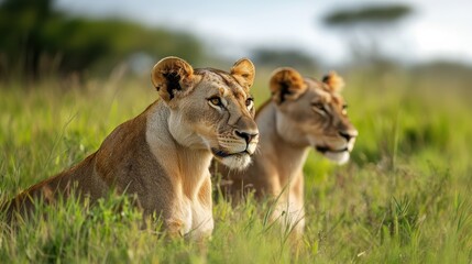 Fototapeta na wymiar Two lionesses are sitting in the grass looking intently, wildlife observation during safari, and big cats in their natural environment