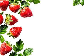 Fresh Strawberries Frame: Vibrant Red Berries & Lush Green Leaves on White
