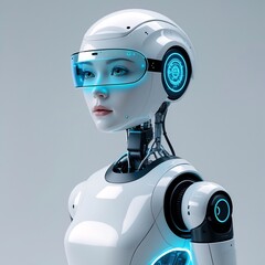 White & Blue Neon Humanoid Robot Feminine AI Face 8K Half-Body