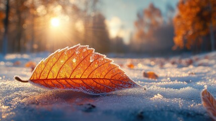 Frozen autumn leaf in snow, golden sunlight, forest background. Suitable for nature, winter, fall, frost, or seasonal imagery