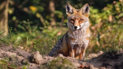 Fototapeta premium Alert red fox portrait in forest setting, showcasing its vibrant fur, pointy ears, and focused gaze in a natural outdoor scene.