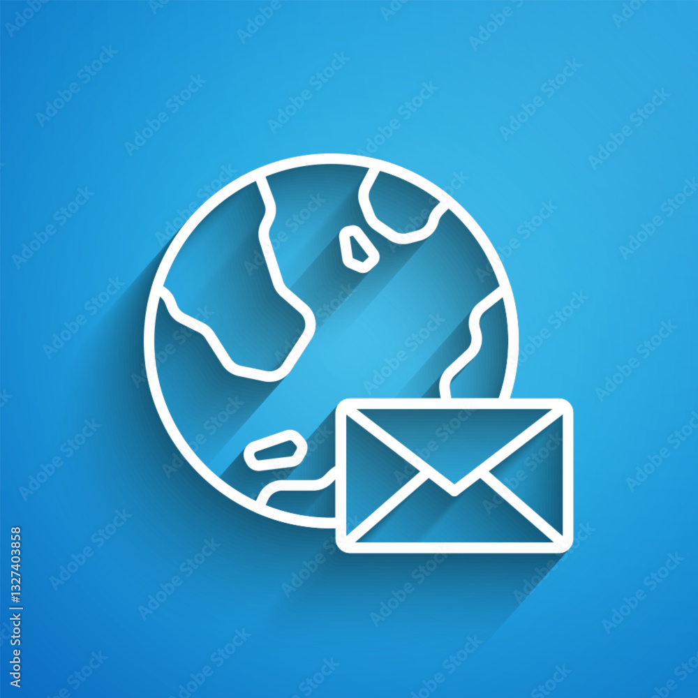 Poster white line earth globe with mail and e-mail icon isolated on blue background. envelope symbol e-mail