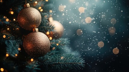 A beautifully decorated Christmas tree radiating warm light against a deep green background, with shimmering golden ornaments.