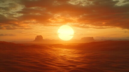 Fiery sunset over desert landscape with mesas