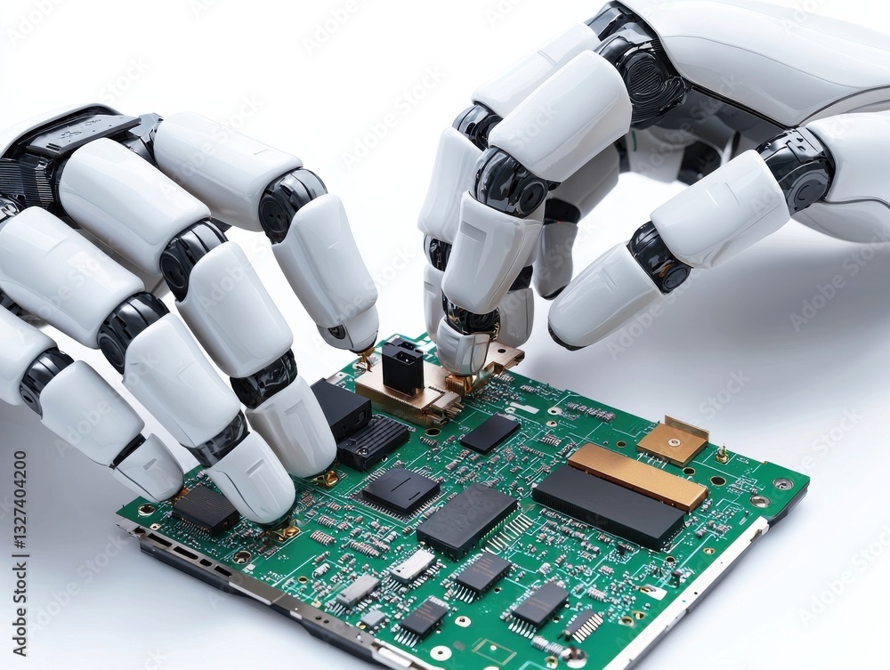 Poster a robotic hand interacts with a circuit board, showcasing the intersection of technology and innovat