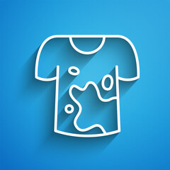 White line Dirty t-shirt icon isolated on blue background. Long shadow. Vector