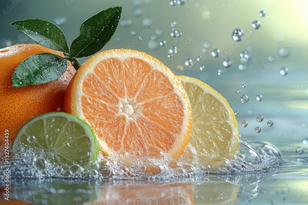 Poster refreshing citrus slices and droplets: a zesty splash of orange lemon and lime