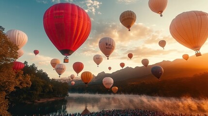 Obraz premium A captivating festival scene featuring colorful balloons floating at sunset over a serene mountain lake.