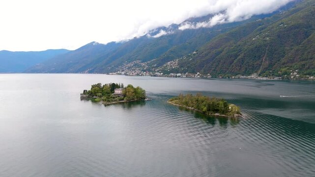 Aerial drone view of Isole di Brissago, Lago Maggiore, Ticino, Switzerland
