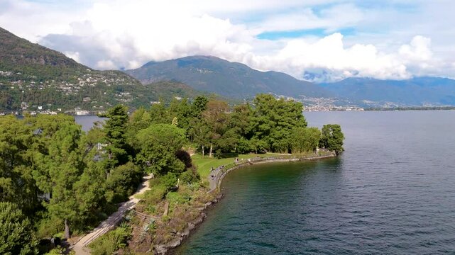 Aerial drone view of Isole di Brissago, Lago Maggiore, Ticino, Switzerland