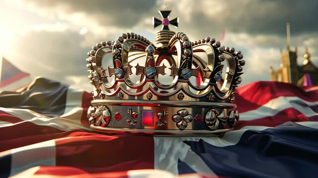 gold british crown on the background of the flag of the united kingdom, accessory of the king or queen, symbol of power, jewel, england, kingdom, king's birthday, coronation, royalty, monarchy