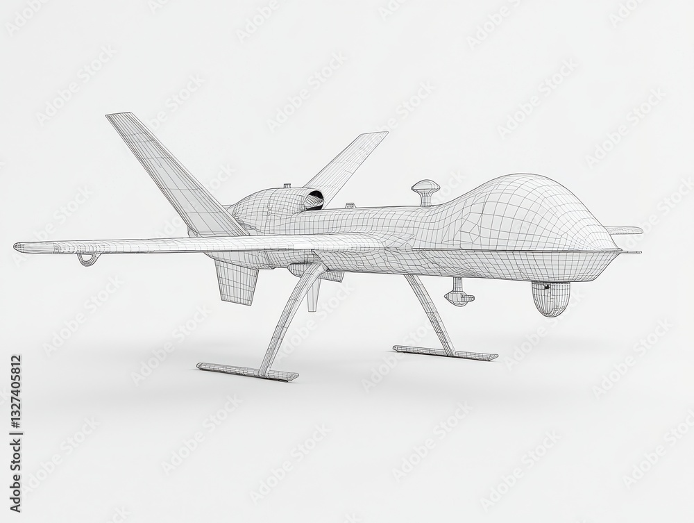 Poster a detailed 3d wireframe model of a drone, showcasing its structure with intricate lines and angles.