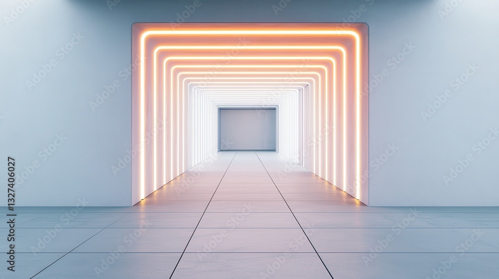 Poster a modern corridor illuminated with vibrant neon lights, creating a dynamic and futuristic atmosphere