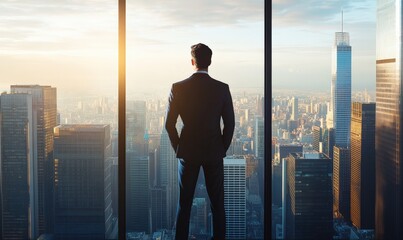 A businessman in a suit stands at the window of his office, overlooking the cityscape and contemplating future business planning and corporate strategy