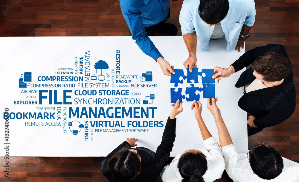 Poster a vibrant workspace illustrating teamwork on file management concepts. focuses on cloud storage, syn