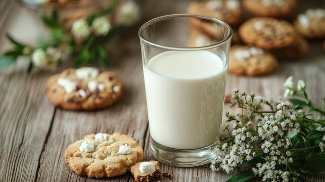 Glass of fresh milk with cookies and flowers on a wooden table