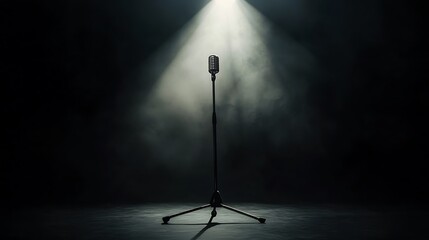 Spotlight on a vintage microphone on stage with smoke.