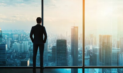 A businessman in a suit stands at the window of his office, overlooking the cityscape and contemplating future business planning and corporate strategy