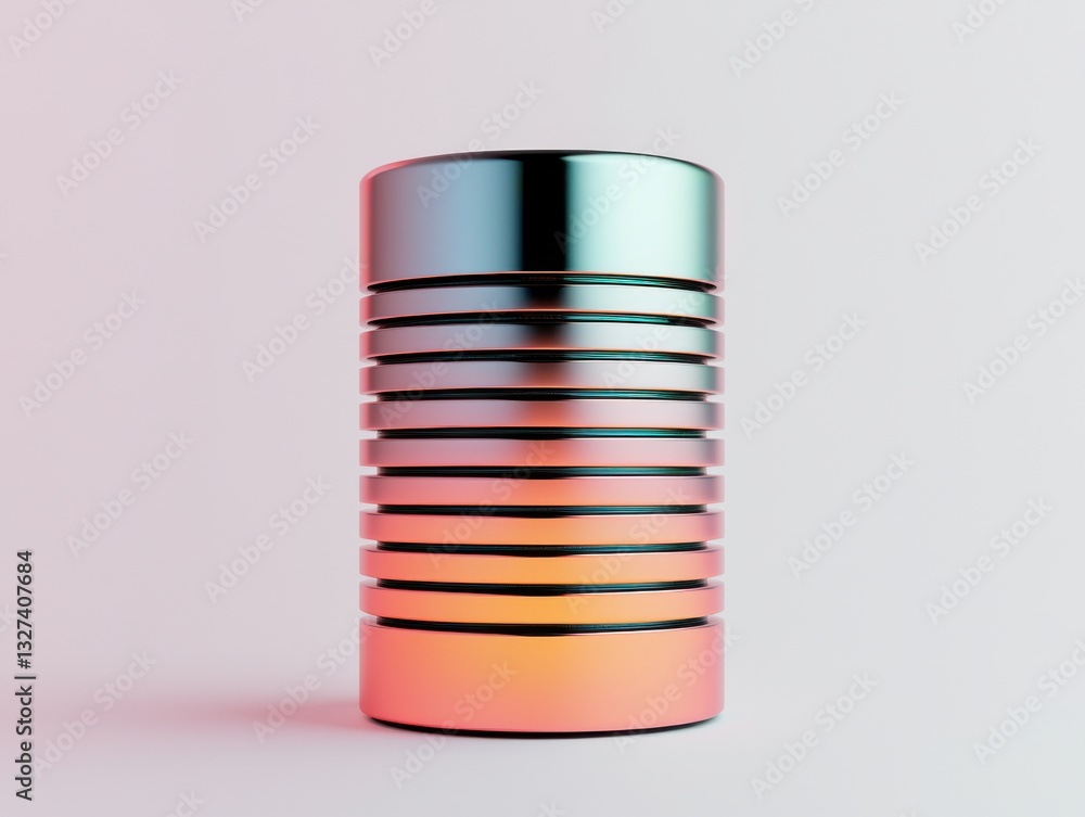 Poster a sleek, metallic container with horizontal stripes, illuminated from below, creating a colorful gra