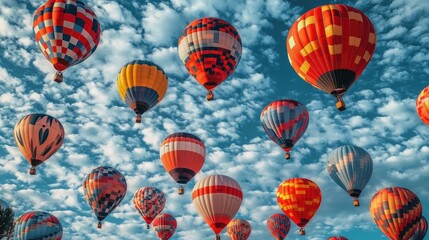 Obraz premium Fluffy white clouds create a picturesque backdrop against a bright blue sky, with hot air balloons moving in a festival.