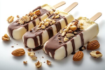 Delightful frozen treats adorned with chocolate and nuts, tempting dessert lovers everywhere