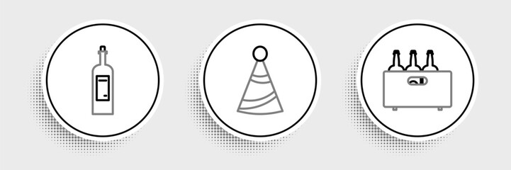Set line Bottles of wine in a wooden box, and Party hat icon. Vector