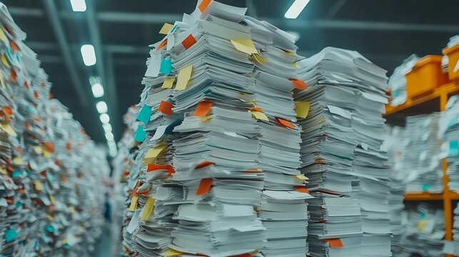 Piles of documents, office interior, paperwork, data processing