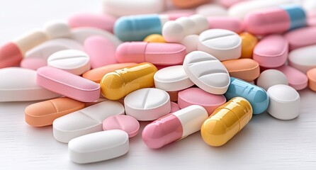 diverse assortment of pills and capsules in various colors and shapes lies scattered on a smooth surface, highlighting their distinct features and pharmaceutical design