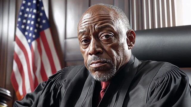 A judge displays focus and authority while presiding over a courtroom session. The setting is formal, featuring a gavel and an American flag, signifying justice and law