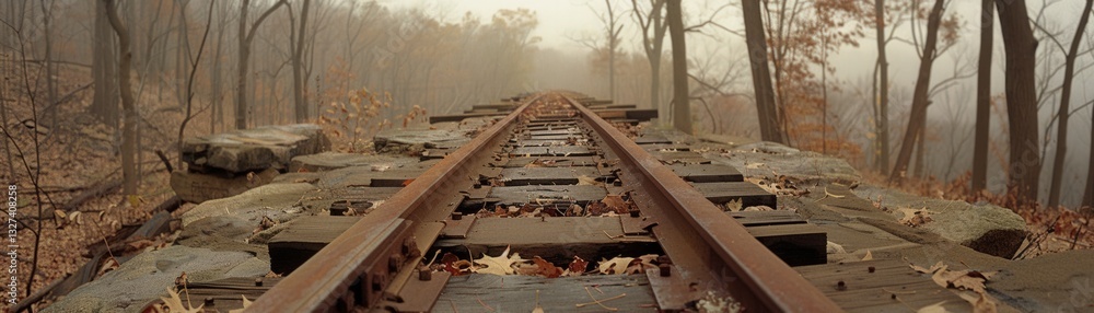 Poster a train track with a bridge over it and a forest in the background
