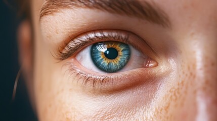 Obraz premium Close-up of captivating human eye featuring a mix of blue and gold hues, showcasing intricate details of the iris and skin texture.