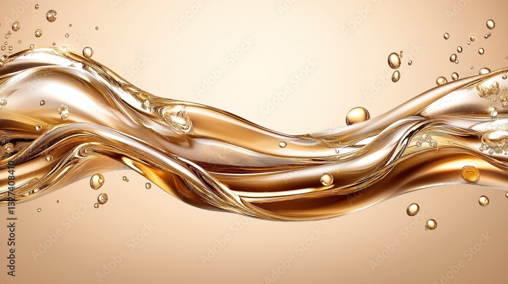 Poster golden liquid swirls gracefully, enhanced by floating bubbles against a soft beige backdrop. composi