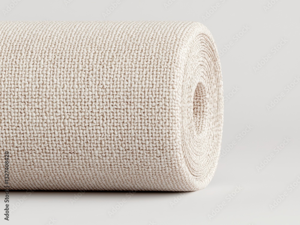 Poster a rolled-up, textured fabric in a neutral color, showcasing its weave and structure against a simple