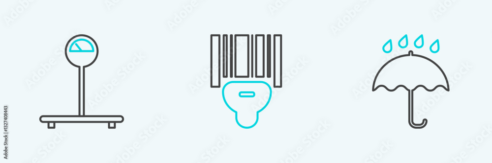 Poster set line umbrella and rain drops, scale and scanner scanning bar code icon. vector
