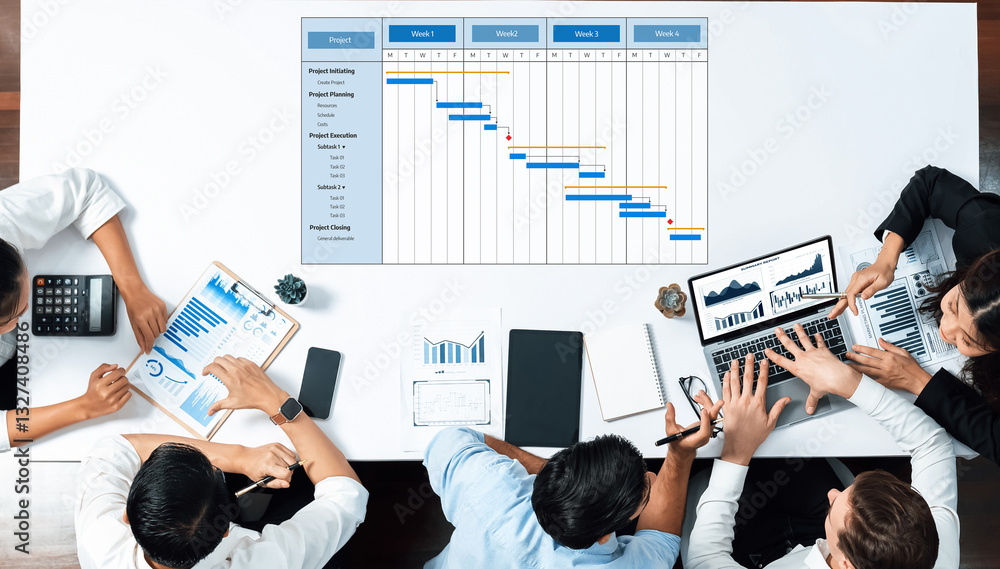 Poster a dynamic project management meeting featuring a gantt chart and data analysis tools on laptops. tea