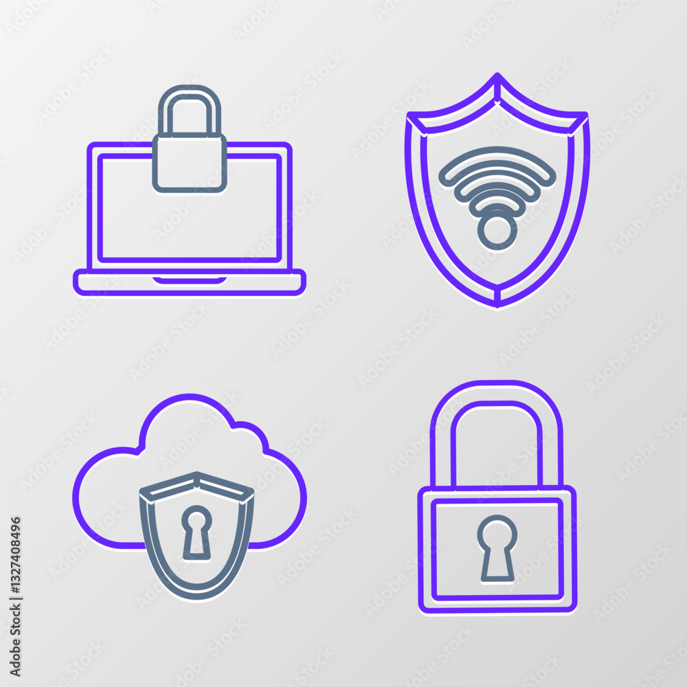 Poster set line lock, cloud and shield, shield with wifi wireless internet network and laptop lock icon. ve