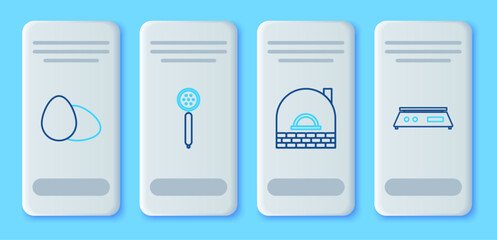 Set line Strainer spoon, Brick stove, Chicken egg and Electronic scales icon. Vector