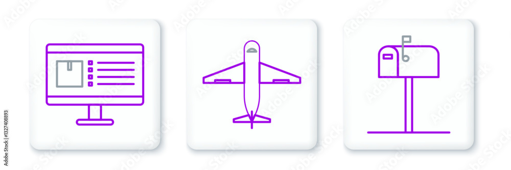 Poster set line open mail box, computer monitor with app delivery tracking and plane icon. vector