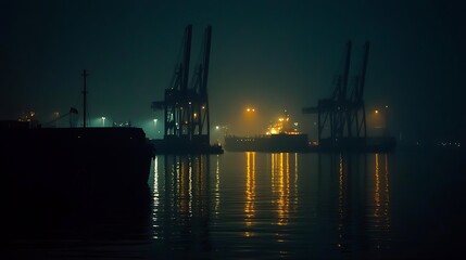 Fototapeta premium Docks at Night Industrial Scene Water Reflection Silhouetted Cranes