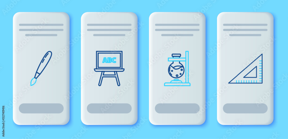 Poster set line chalkboard, glass test tube flask on fire, paint brush and triangular ruler icon. vector